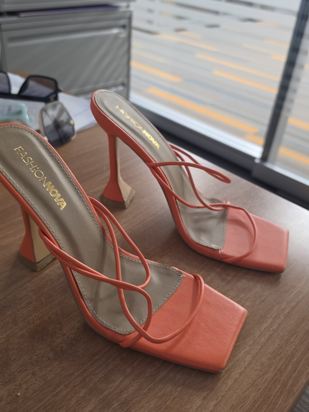 Fashion Nova Orange Strappy Square-Toe High Heel Sandals